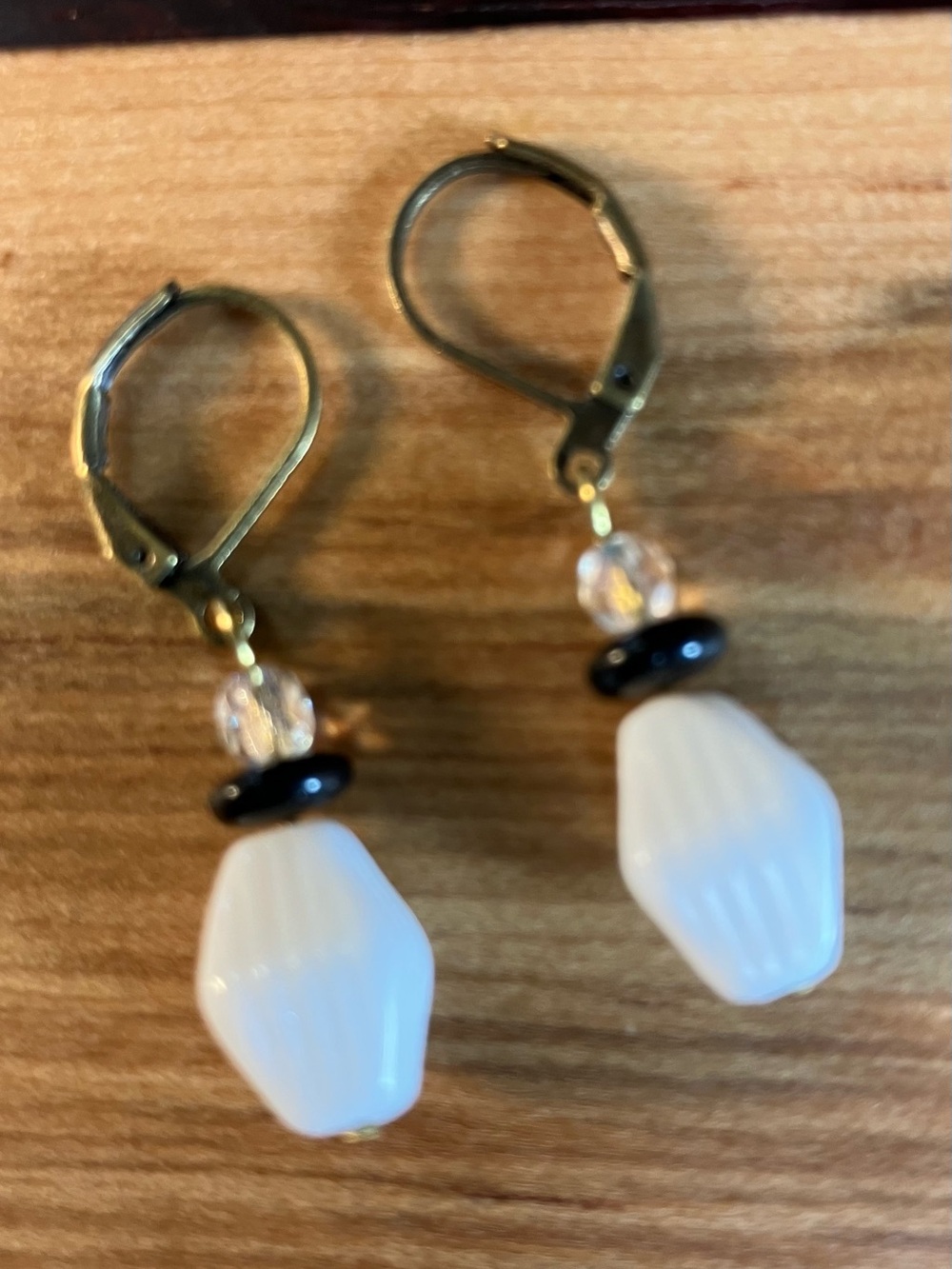 Handmade Milk Glass Earrings with Black Glass and Austrian Crystal Beads